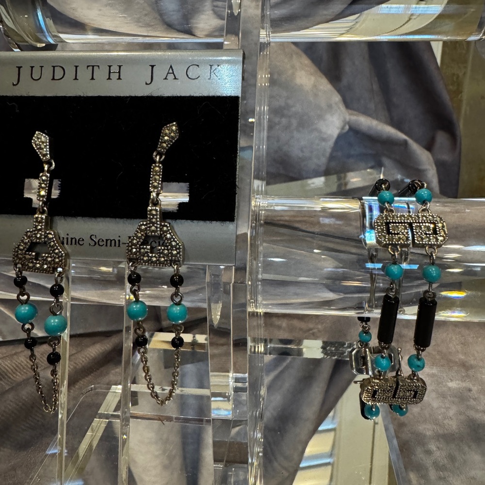 Judith Jack‎ Silver ART DECO RARE  Onyx &Turquoise Blue Bracelet/Earring set WOW